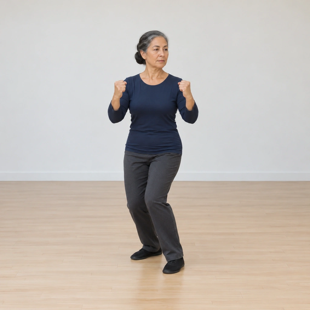 She stands weighted with her right leg drawn in, her arms closed in front of her with the elbows dropped and the palms turned inward at shoulder height.