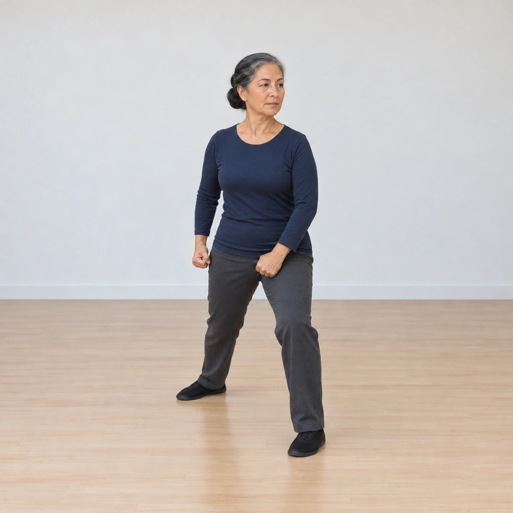 Her right heel has lowered into a bow stance, both hands drawn down past her hips, her torso upright.