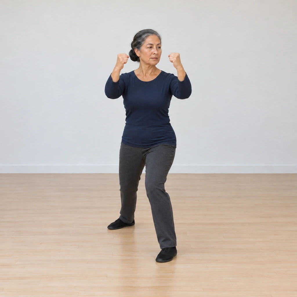 Her hands are circling up and forward in front of her body, rising on a converging path toward head height.