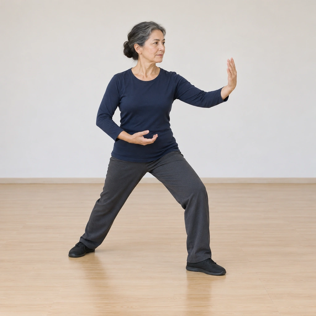 She sits in a left-angled bow stance, her left forearm rounded in front of her chest with the palm facing it, her right hand resting near it in the rolled-ball shape.