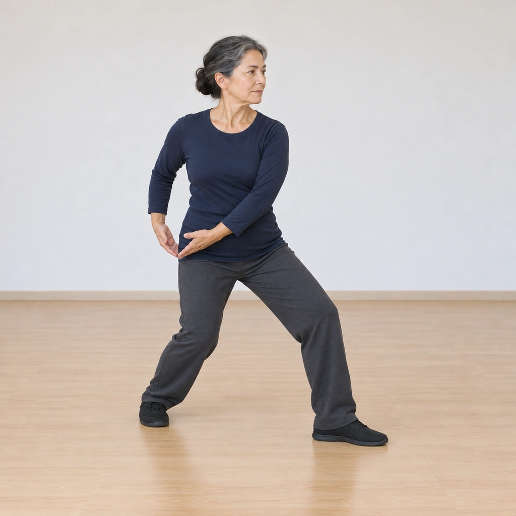Her weight has shifted onto her right leg, her hands drawn down past her right hip, her right palm facing her left elbow.