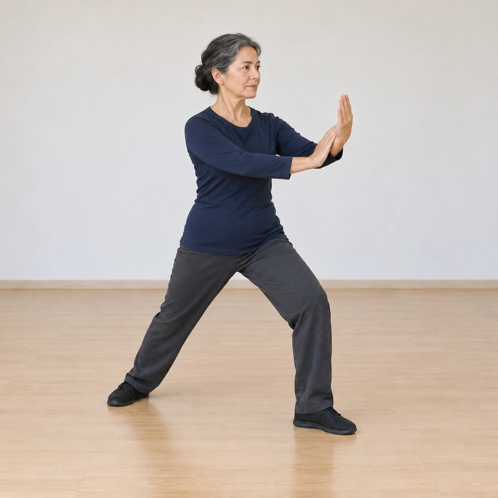 She is pressing forward at chest height, her rear hand driving into the front wrist, her weight returning toward the front leg.