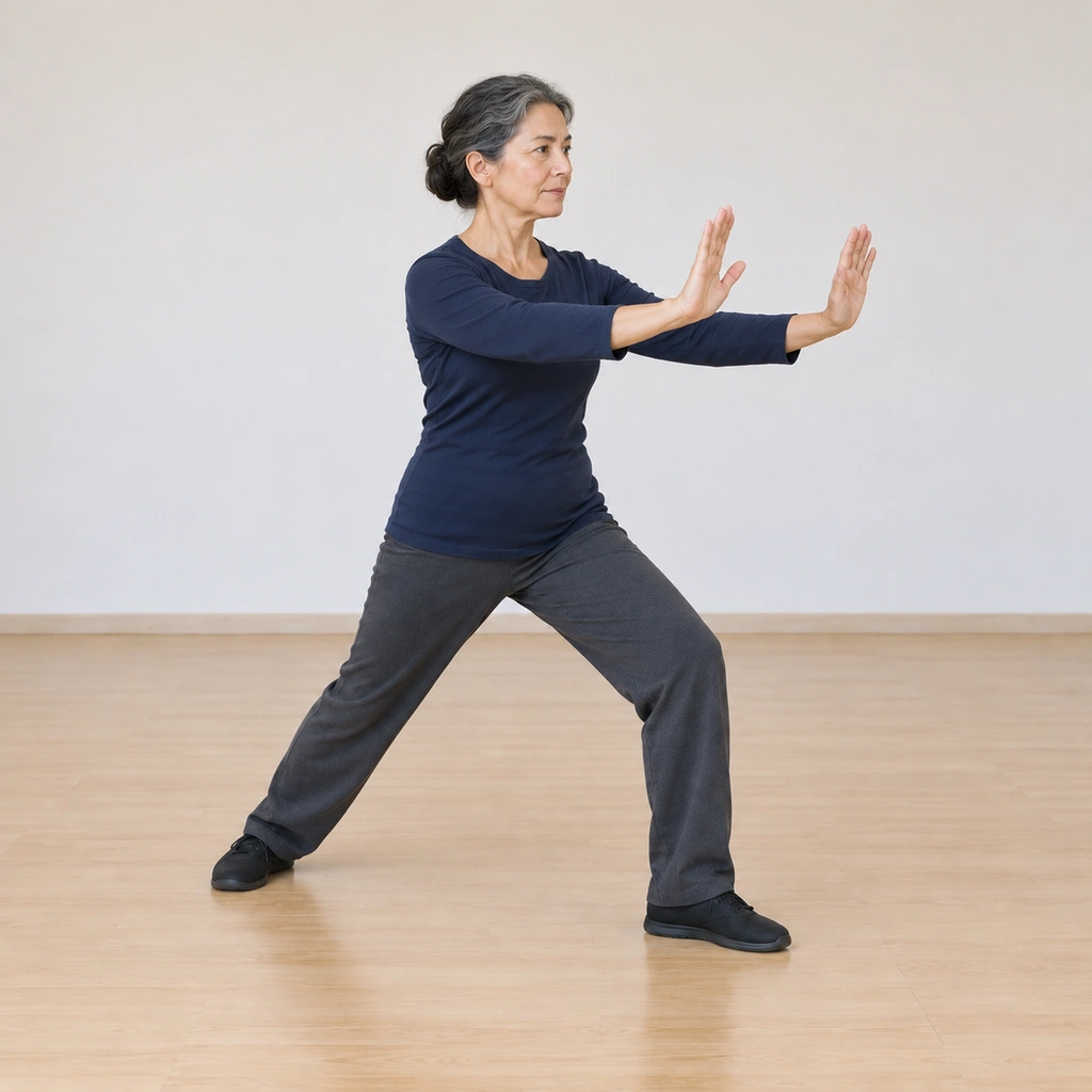 She sits in a forward bow stance, both palms pushing forward at about two-thirds extension, having drawn the hands back to lower-rib height with the wrists crossed.