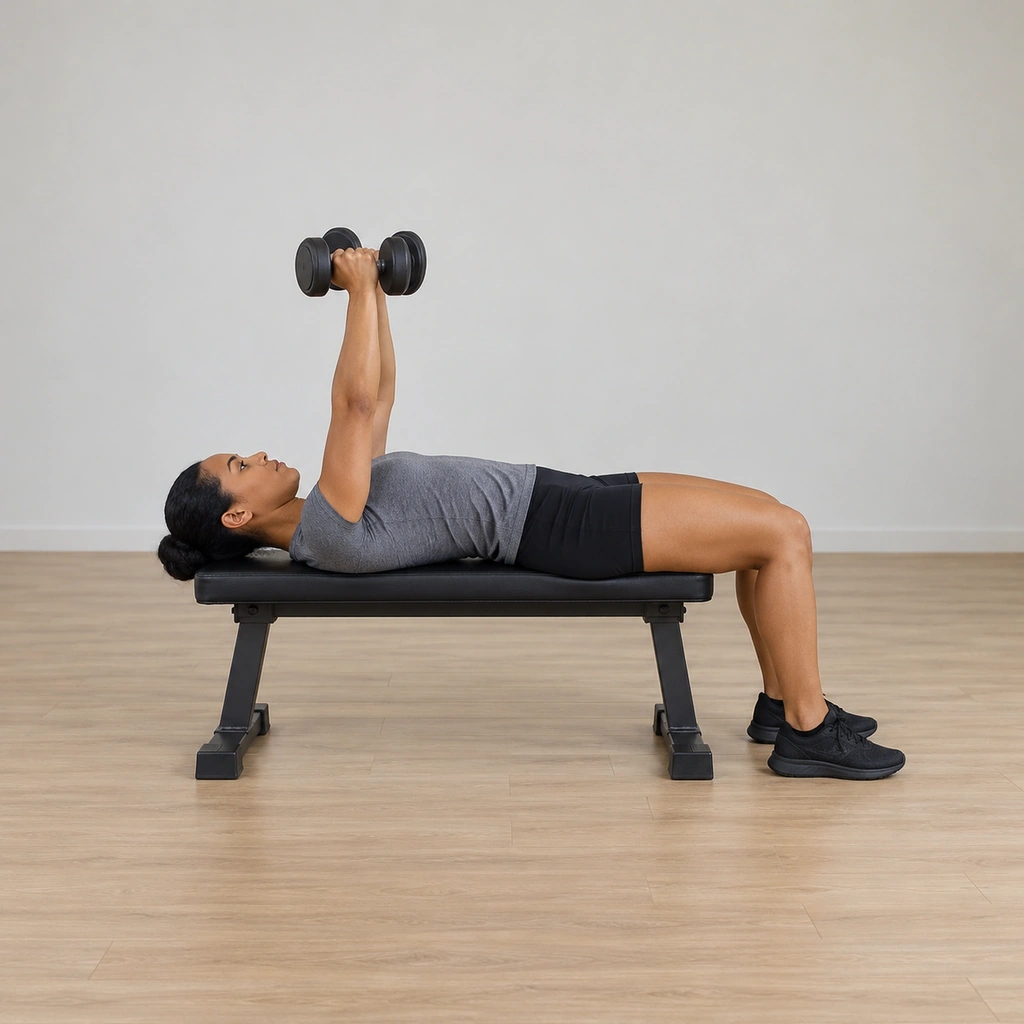 She lies flat on the bench holding both dumbbells together at arm's length over her chest, pronated grip with the palms facing forward, elbows pointing outward, feet planted on the floor at the bench end.