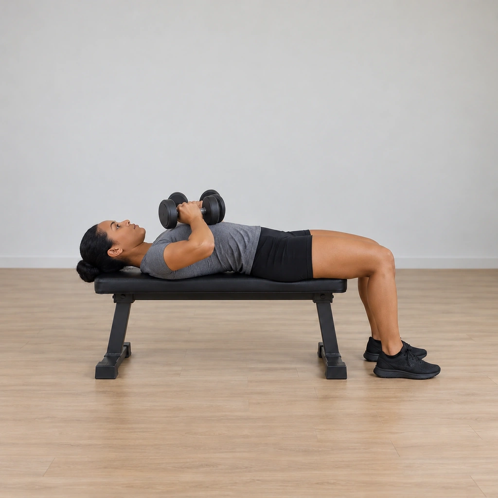 She holds the dumbbells at the end of the arc just at her upper chest, elbows fully flared and the forearms nearly vertical, the dumbbells controlled and not rested on the chest, her back flat on the bench.