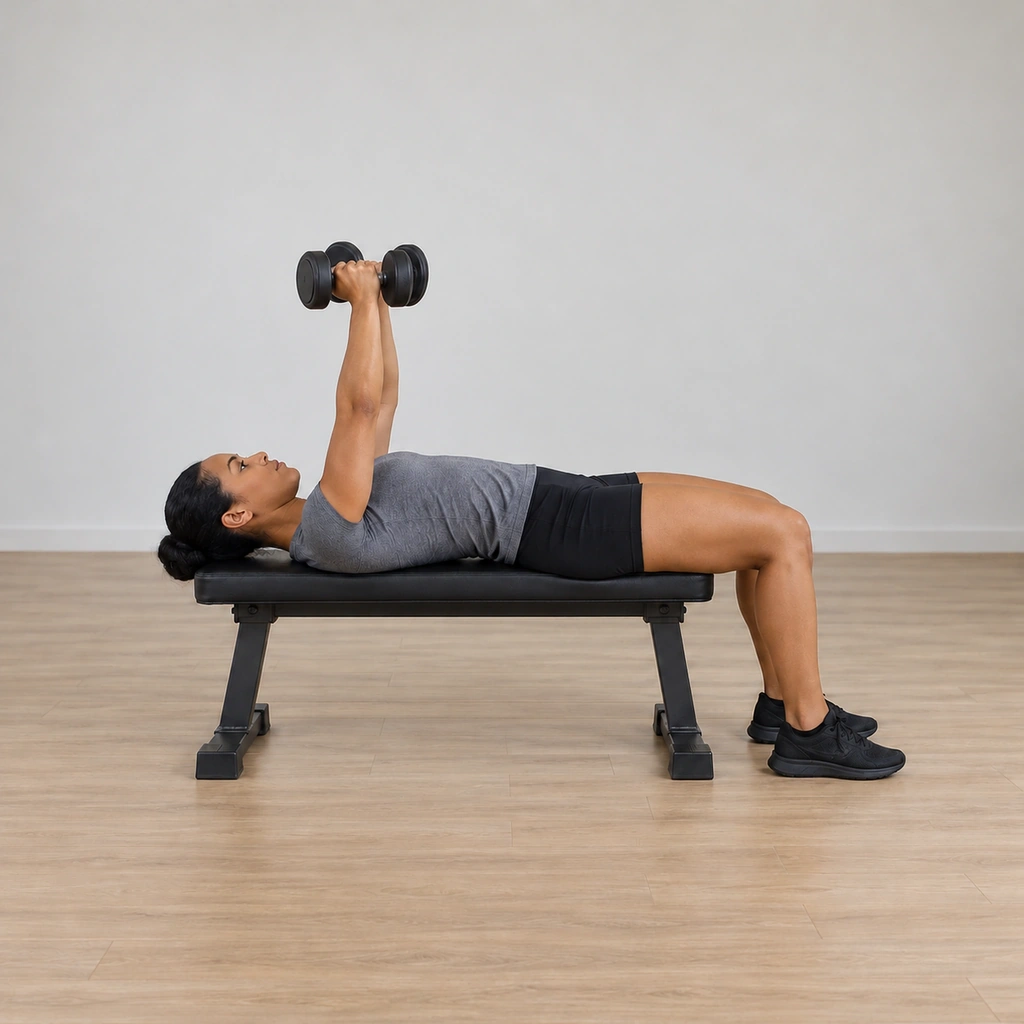 She presses the dumbbells back up and outward along the same semicircular arc with the triceps, the dumbbells coming back together over the chest, elbows still flared and upper arms stationary, finishing at arm's length.