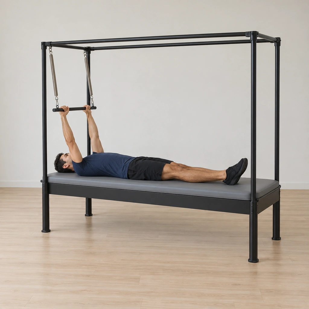 He lies supine on the table top under the top-sprung push-thru bar, both hands holding the bar above his neck, his legs extended long and together and his spine lengthened.