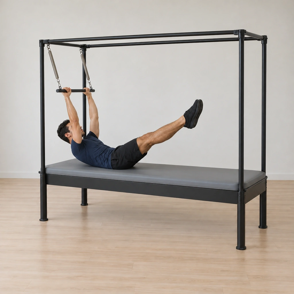 His spine is peeling up off the table into a C-curve, the sprung bar assisting the lift in his waist while his arms reach connected to his back and his legs stay hugged long.