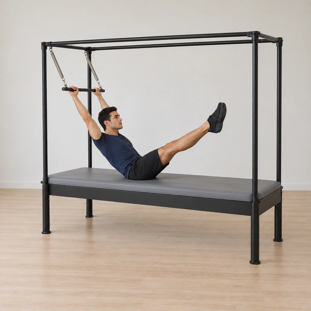 He balances on his seat in the teaser shape, his spine lifted long and his legs extended up at the diagonal, both hands still on the push-thru bar keeping the connection to his back.