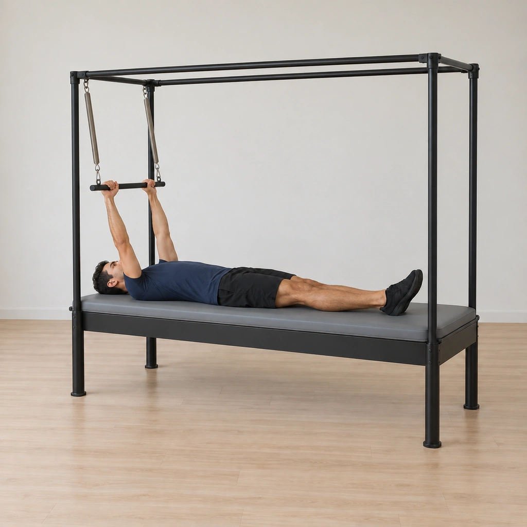 His spine rolls back down toward the table in a controlled curl, his legs lowering long and together while his hands keep the bar and the connection to his back.