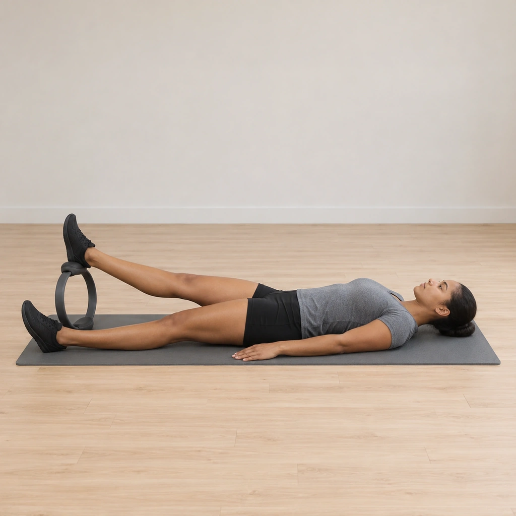 A woman lies supine on the mat, the magic circle standing under her straight right leg with her ankle on the top pad and the bottom pad on the mat, her other leg long by her side and her arms by her sides.