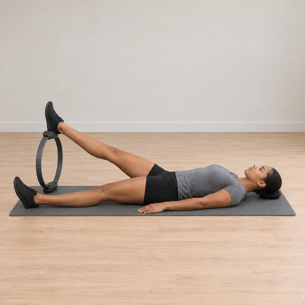 Her straight right leg rests at the top of the lift with the circle still under the ankle, the hips level and the resting leg still long.