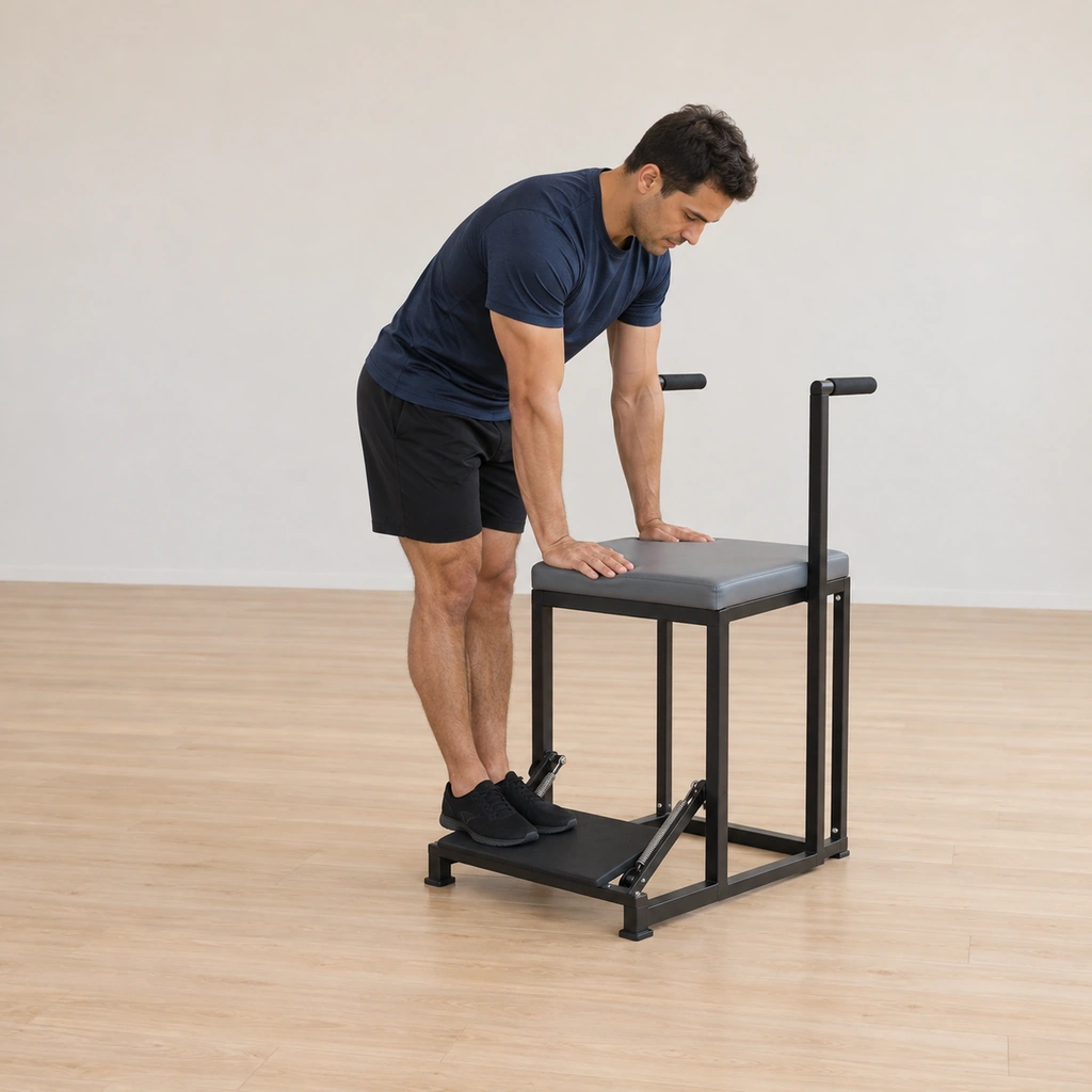 A man stands balanced on the chair spring pedal facing the seat, both hands gripping its back edge with fingers wrapping over it, heels pressed together and toes apart.