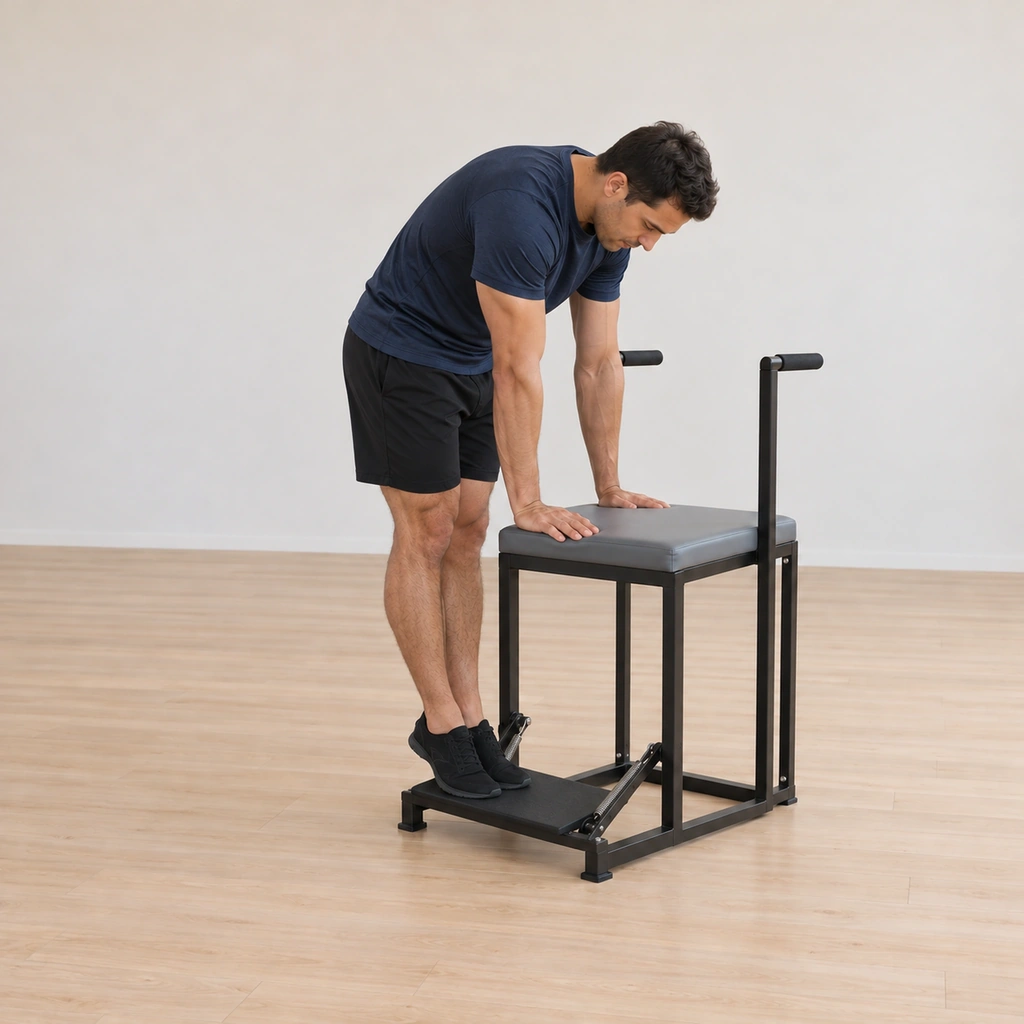 The pedal is descending back toward its resting line, his spine still rounded and the heels still lifted.