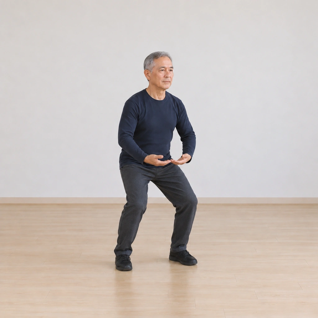 His body has sunk into a soft squat, his hands drawn in toward his body at the bottom of their horizontal circle, his spine beginning its wave.