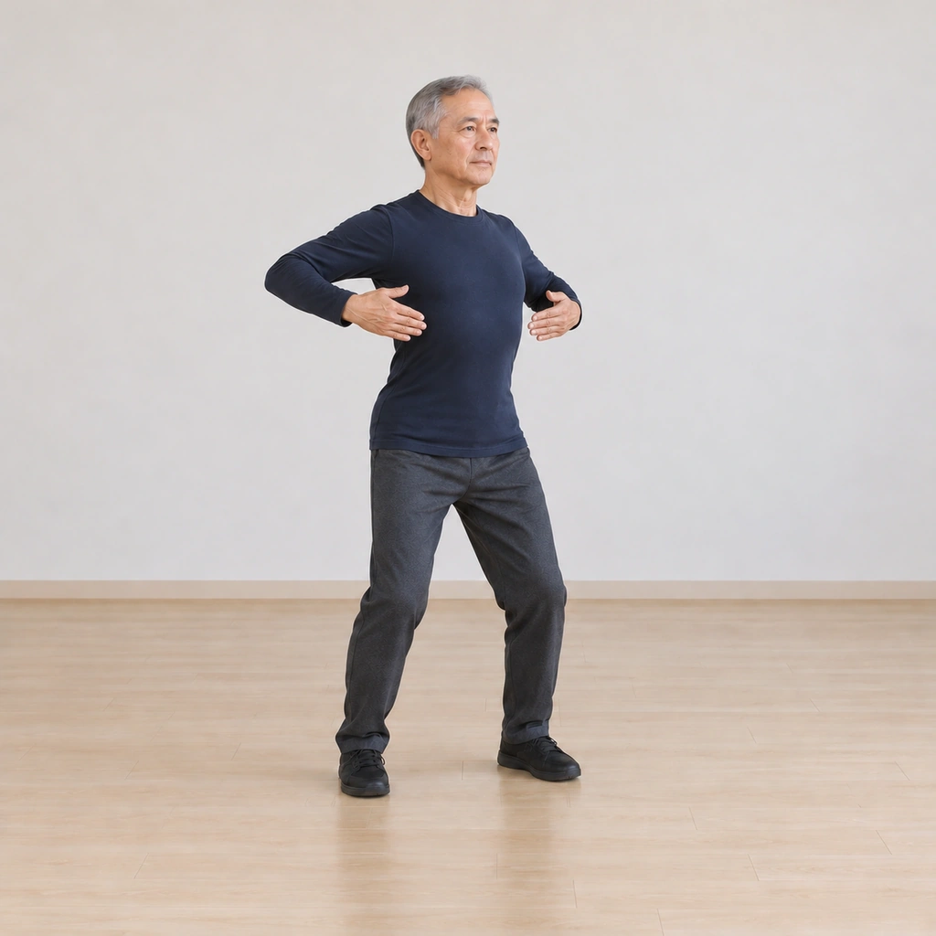 His body is straightening, his hands travelling up along his sides toward armpit level, his spine undulating upward.