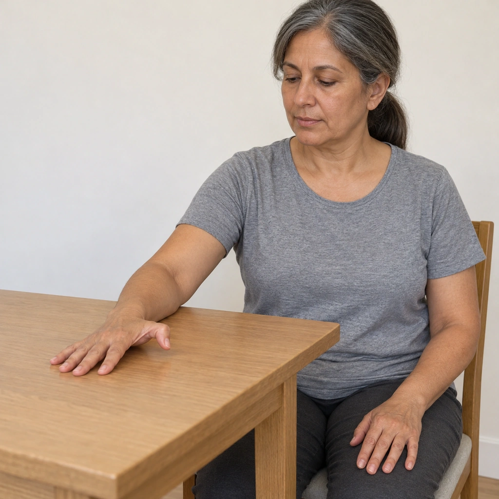 A woman sitting at a table with her right forearm and palm flat on the tabletop, her thumb curved into a C shape with its base knuckle resting level with the back of her hand.