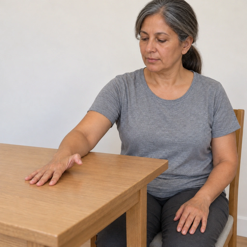 The same woman still seated at the table, her thumb still curved into a C shape, its base knuckle now lifted clearly above the back of her hand.