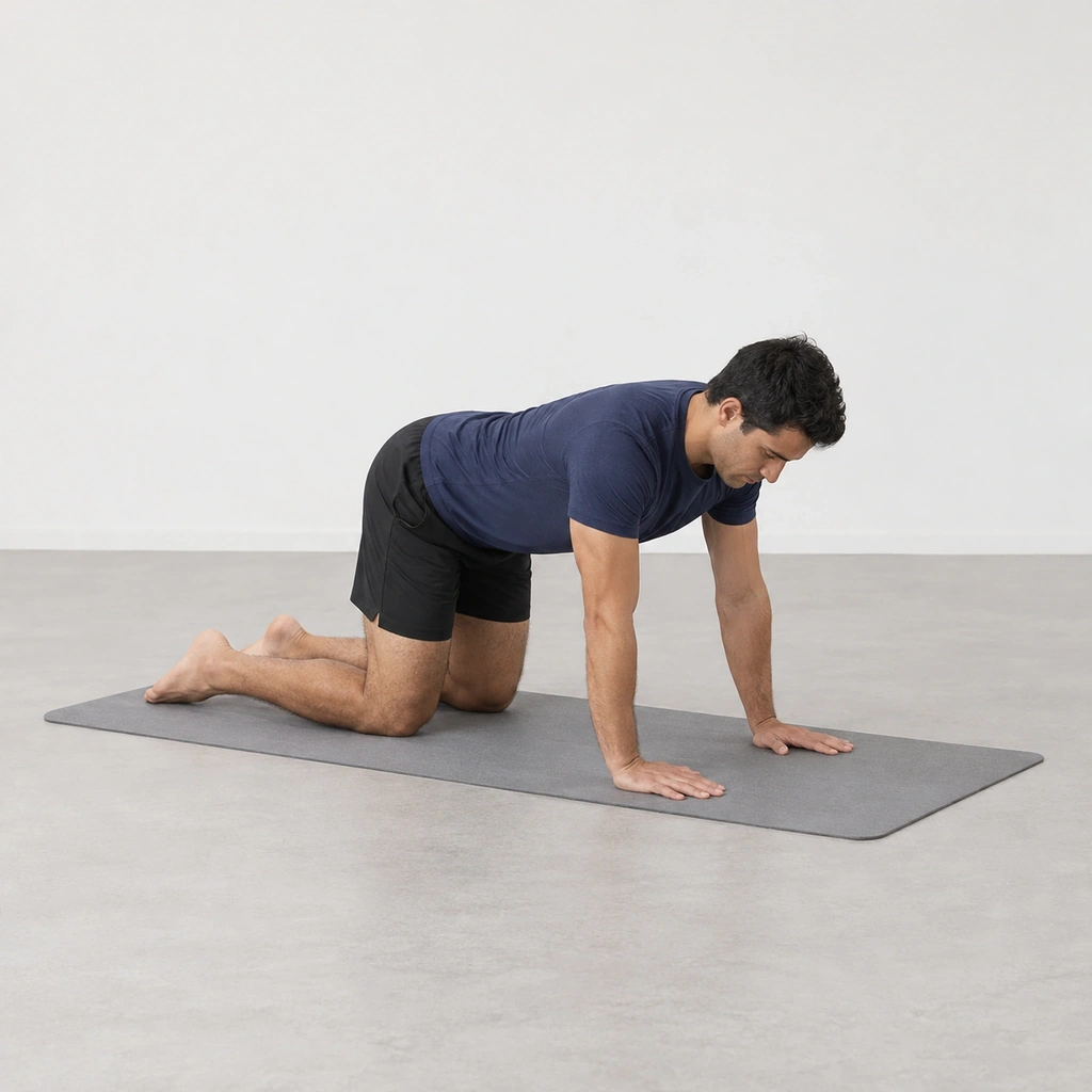 He is on hands and knees on the mat, hands under the shoulders and knees under the hips.
