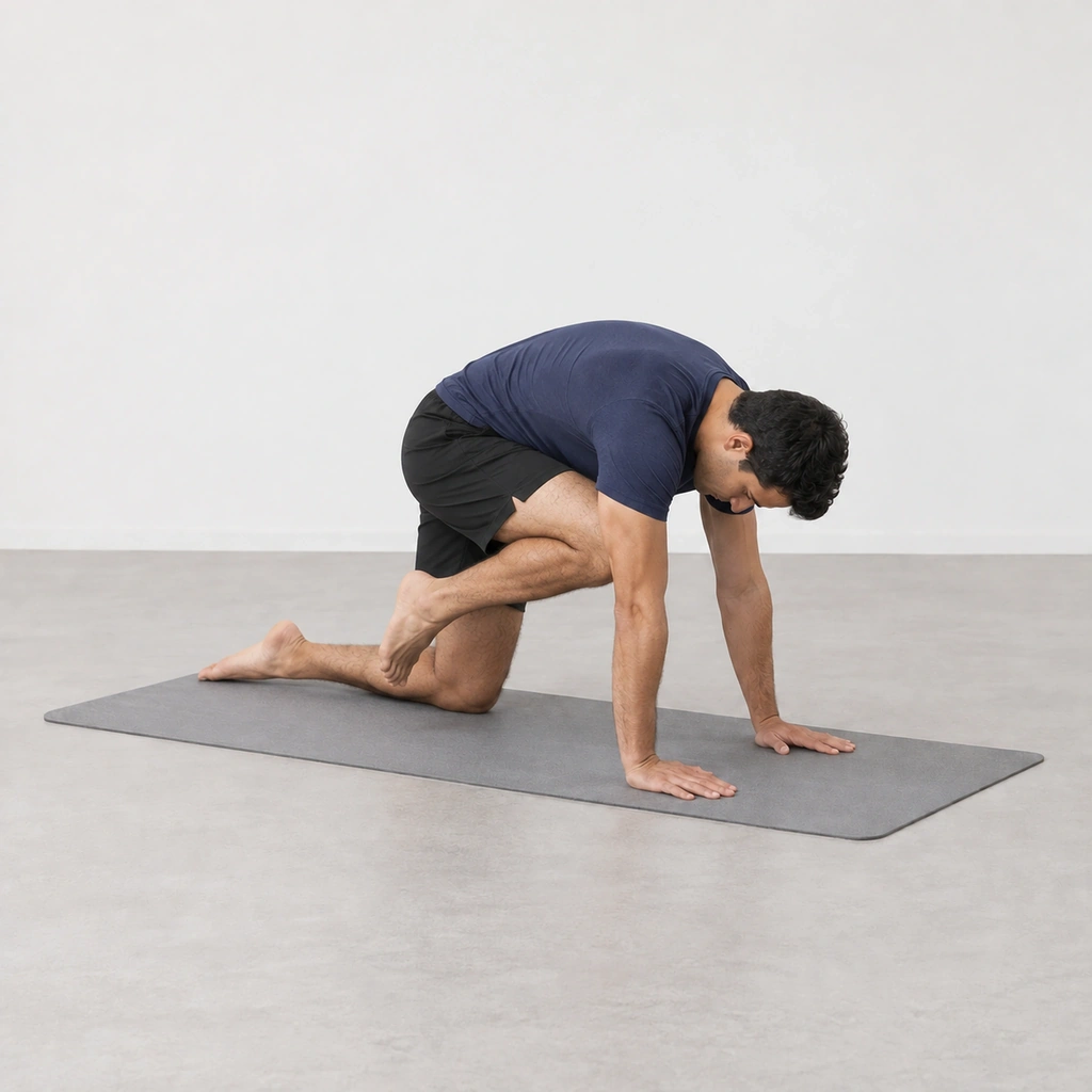 He draws one knee toward his forehead with the spine rounded upward, head dropping to meet the knee.
