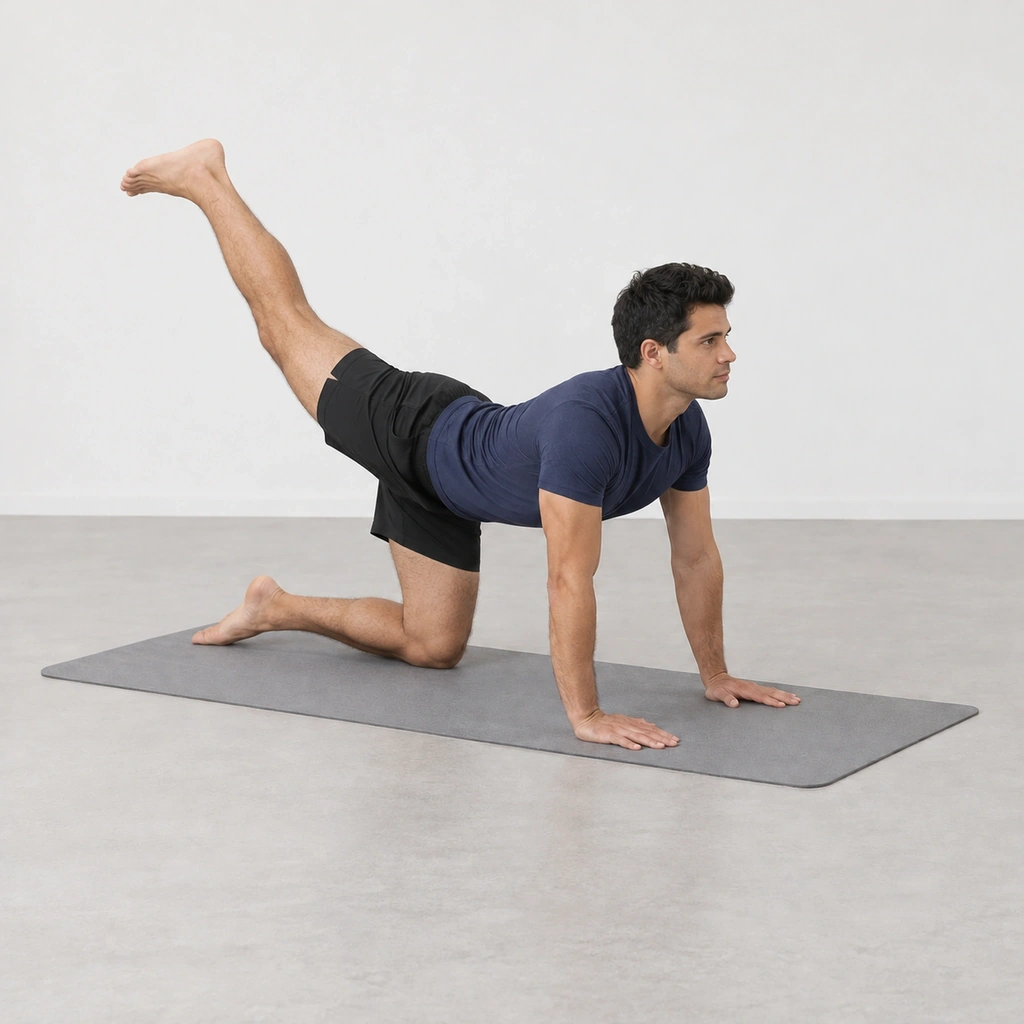 He reaches the same leg back and up with the foot lifted toward the ceiling, spine arched and head rising.