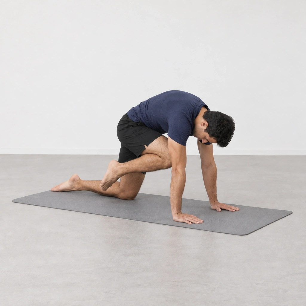 He flows the same leg forward again toward the forehead, spine rounding once more.
