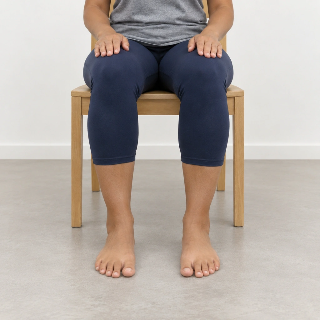 A woman sitting on a chair with both bare feet flat on the floor, all her toes resting flat and relaxed before the press.