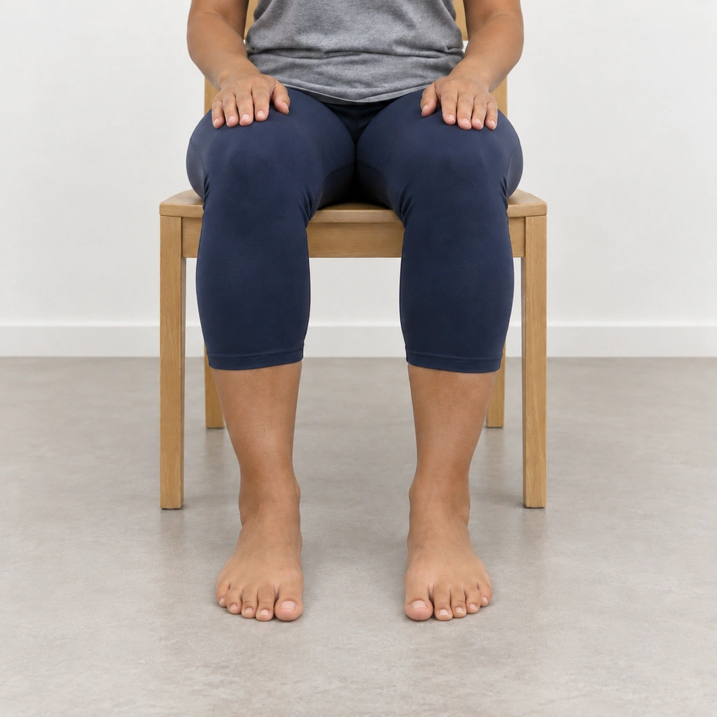 The same woman still sitting with both bare feet flat, the four lesser toes on each foot curled down and pressing into the floor while both big toes stay resting and still.