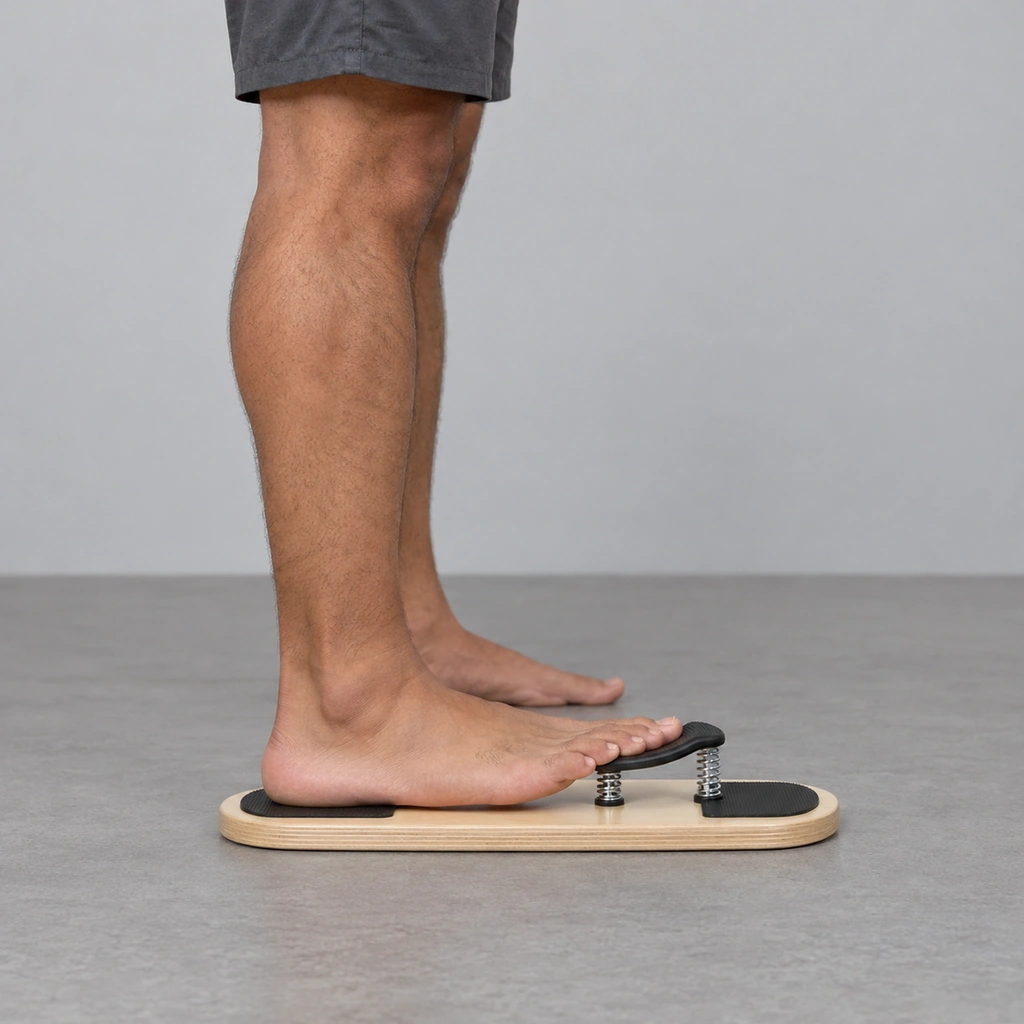 A man's bare right foot on a wooden base in side view, the heel on the rear pad and the toes lying over a black saddle on two coil springs, the shin upright.