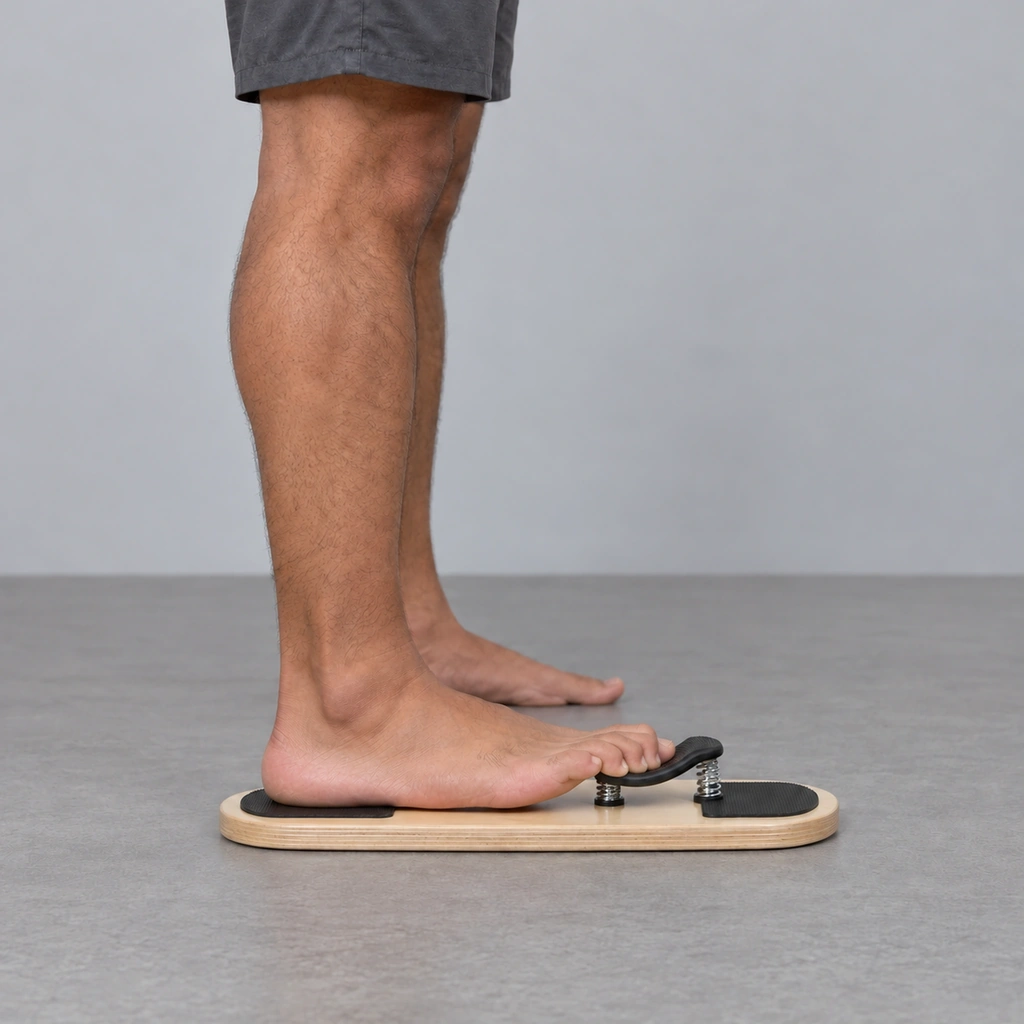 The same man's bare right foot with the toes curled down over the black saddle, which is lower on compressed springs, the heel still on the rear pad and the shin upright.