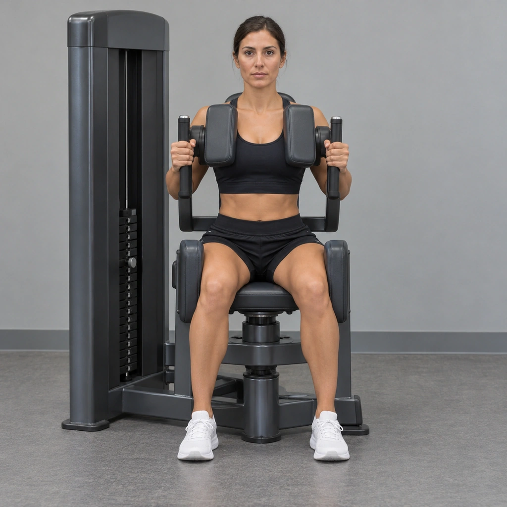 A woman seated on a rotation machine, her chest pressed against chest pads and her hands on the handles, facing forward.
