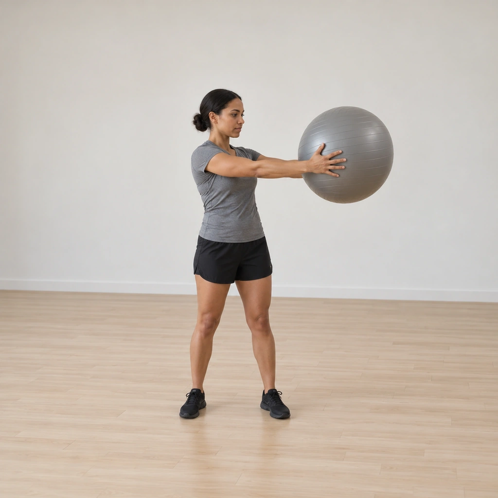 She stands upright, both hands holding the exercise ball on arms extended straight out in front of her chest, feet planted hip-width.