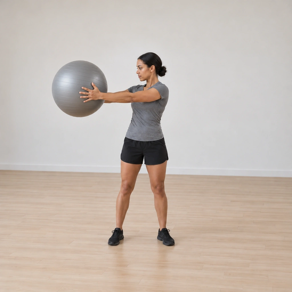 Her torso is rotated to the right, the ball carried around on the still-extended arms and her eyes fixed on the ball.