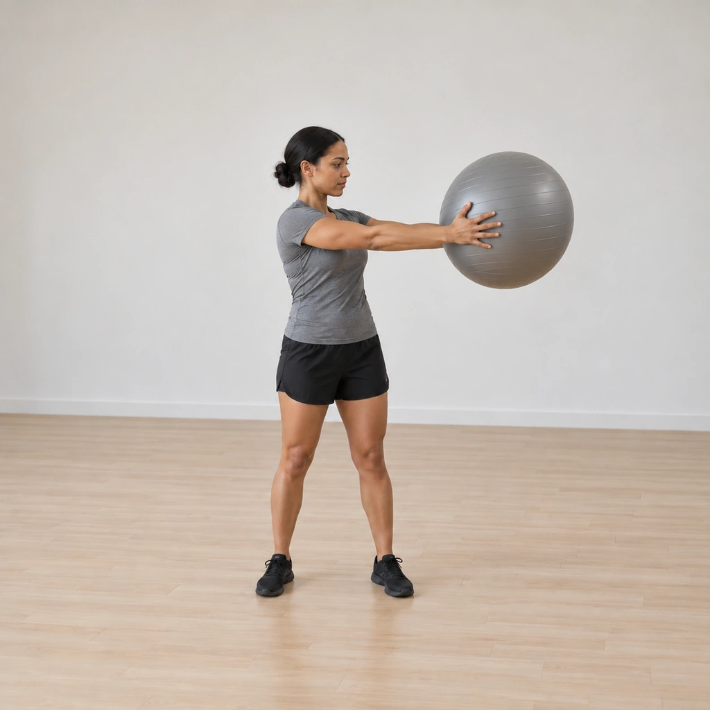 Her torso is now rotated to the left, the ball carried through center on the extended arms and her eyes still fixed on it.