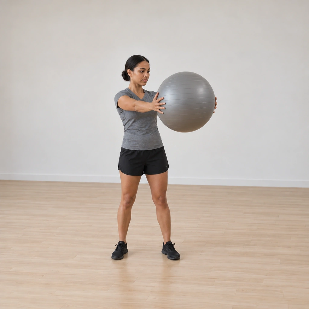 She is passing through center mid-repetition, the ball steady on the extended arms and her trunk upright between rotations.