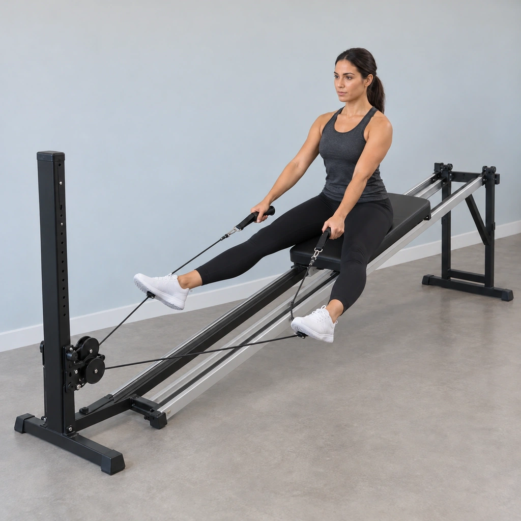 The same woman, now with both feet pressed apart to the sides, the glideboard visibly raised further up the rail.