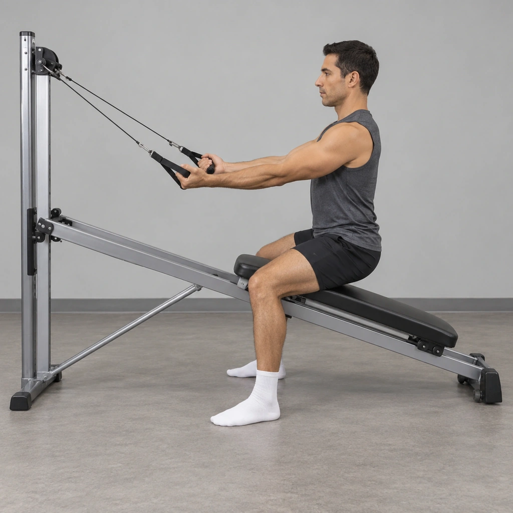 A man straddling the seat of an incline exercise rail's glideboard, both arms stretched forward with palms up, a pulley handle gripped in each hand.