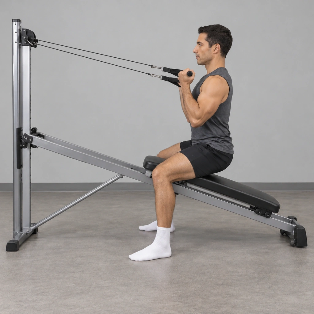 The same man, still straddling the glideboard, now with both elbows bent and both hands drawn in close to his shoulders.