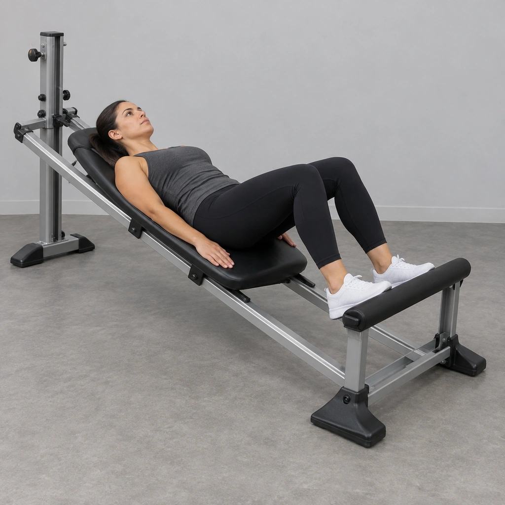 The same adult woman lies supine with head toward the upper board end, both feet on fixed lower-end footsupport. Both knees bent90; board at lower phase-relative position.