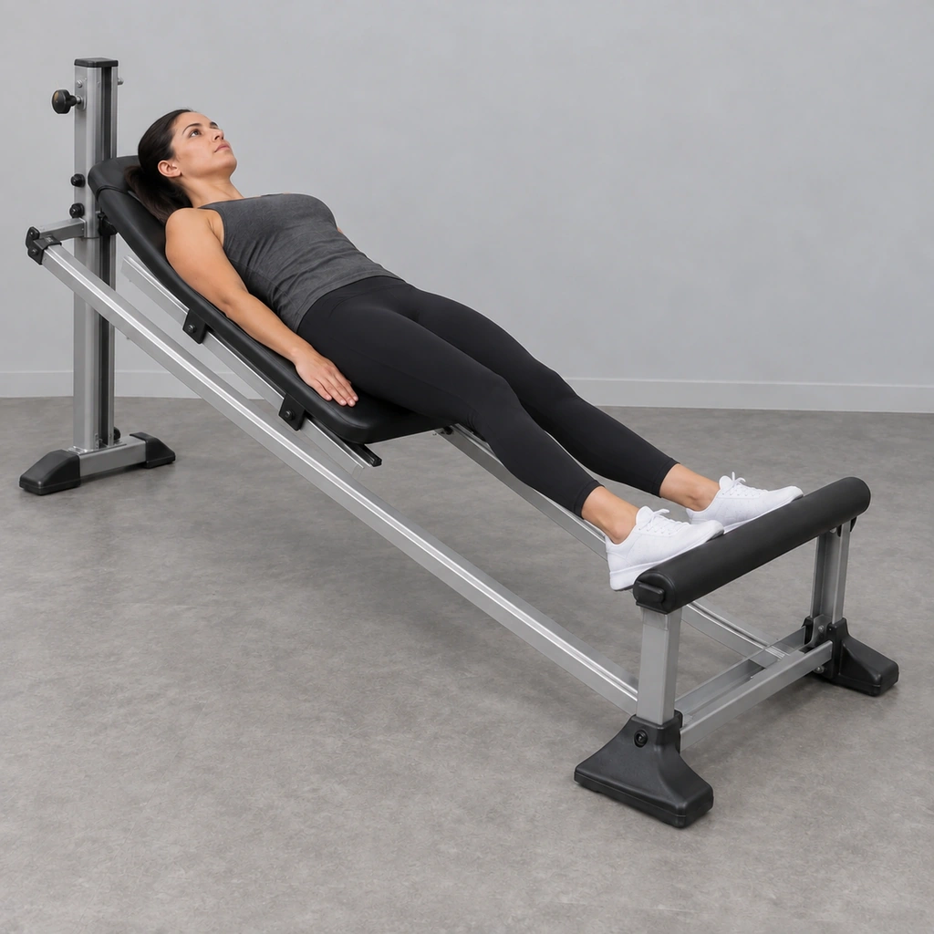 The same adult woman lies supine with head toward the upper board end, both feet on fixed lower-end footsupport. Both legs nearly straight; supported body and board farther uphill.