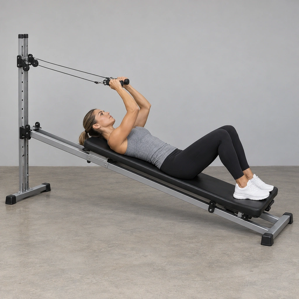 A woman lying on her back on an inclined glideboard, both hands holding cable handles just above her face, elbows bent.