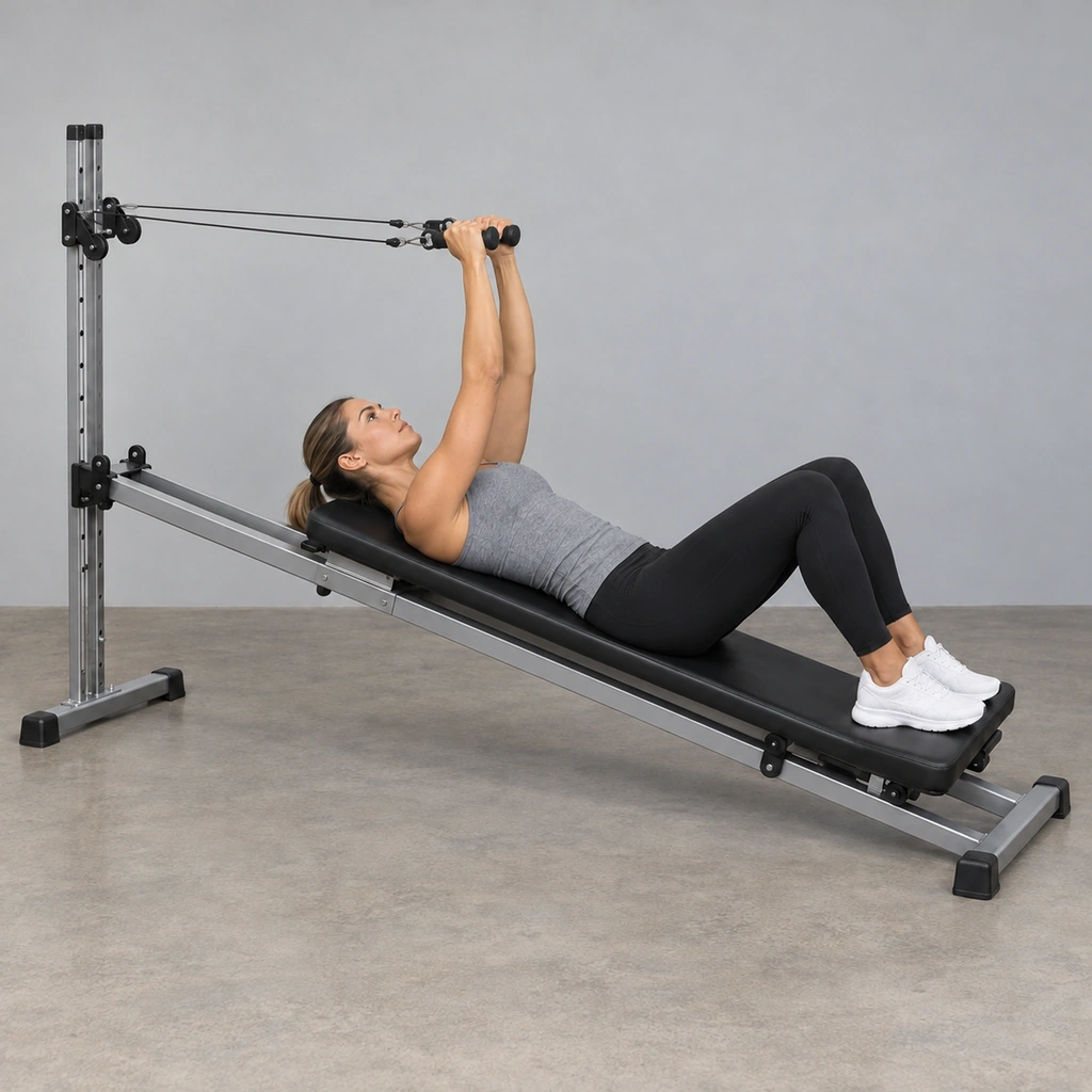 The same woman, now with both arms extended straight, having pushed the handles away from her chest and face.