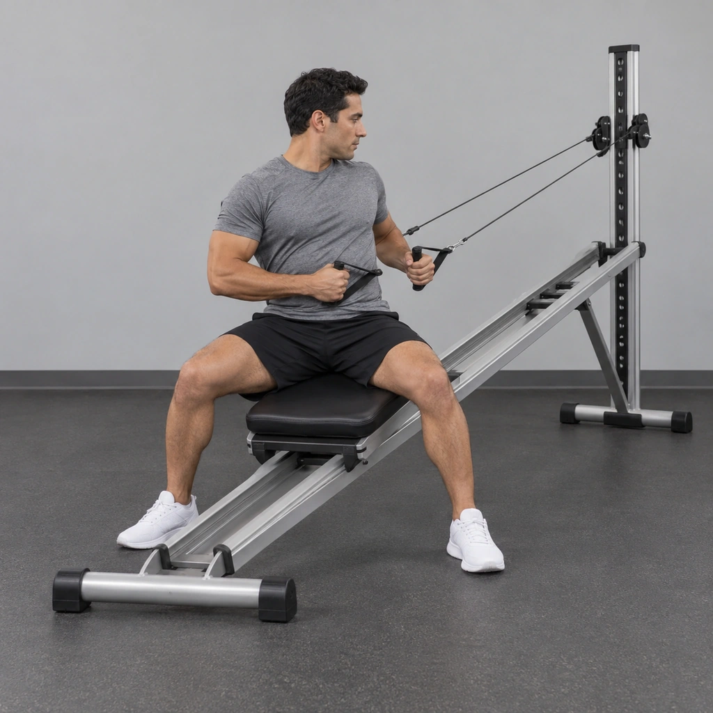 A man seated sideways on a glideboard, torso rotated toward the tall column at the end of the rail, a handle gripped in each hand.