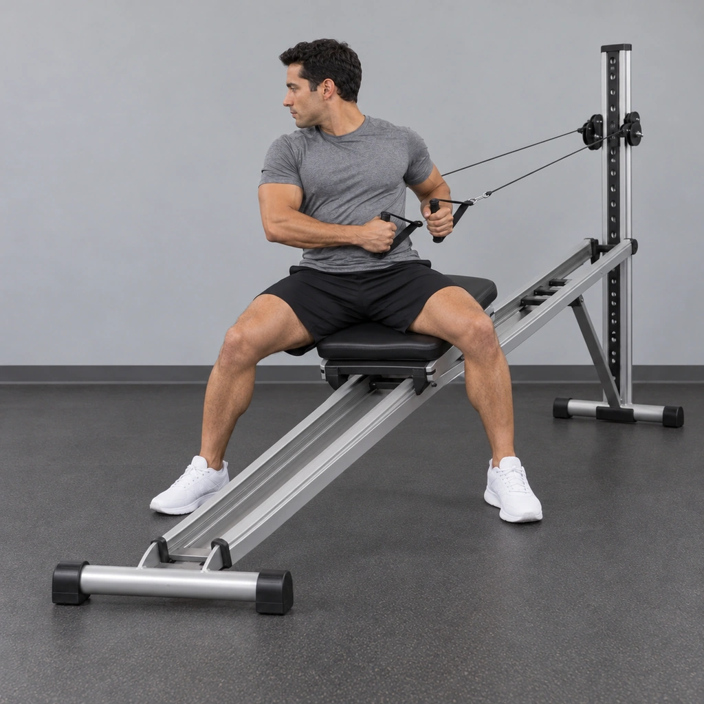 The same man, now rotated the other way with the glideboard visibly higher on the rail, still gripping a handle in each hand.