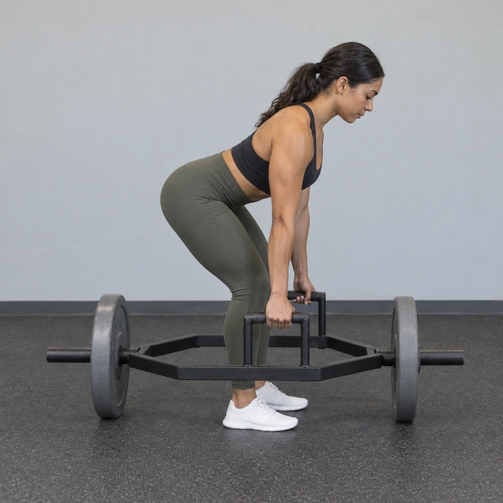 A woman standing inside a trap bar frame, hinged forward, gripping its handles with both hands, arms hanging.