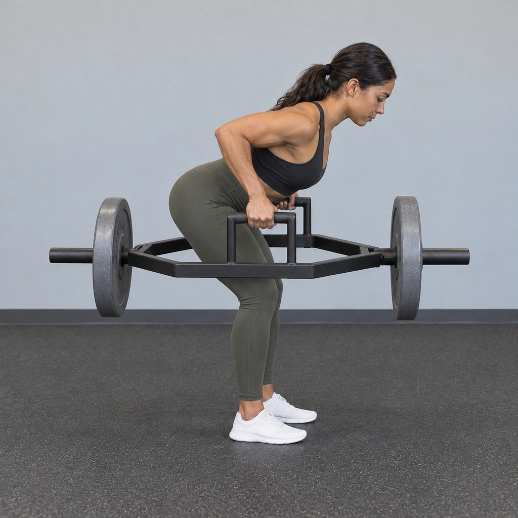 The same woman, hinged forward at the same angle, now rowing the trap bar up so its back edge nearly touches her glutes, elbows angled back.