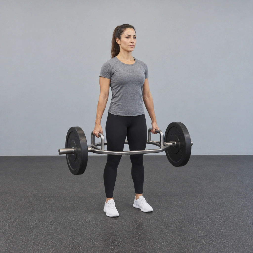 A woman standing tall inside a trap bar's hex frame, gripping its handles at her sides, arms straight, shoulders relaxed down.
