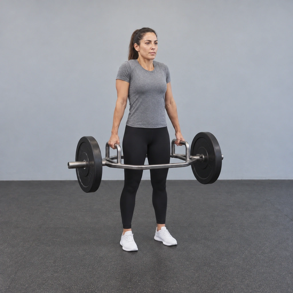 The same woman, still standing tall inside the trap bar's frame, now with both shoulders raised straight up toward her ears.