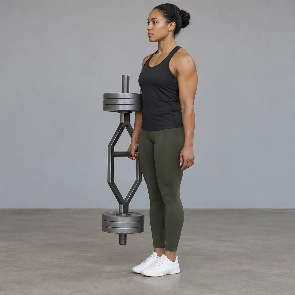 A woman standing tall, gripping the middle of an upright trap bar with one hand, holding it lifted beside her leg.
