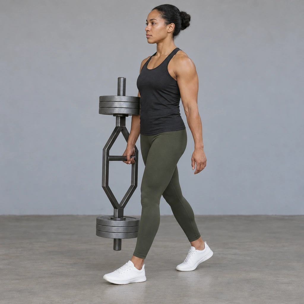 The same woman, now mid-stride, walking forward while carrying the upright trap bar close against her right leg.